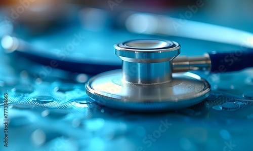 A macro photography shot of a stethoscope on an electric blue surface, resembling a piece of jewellery. The circle shape and metal material add a touch of fashion to this medical tool photo