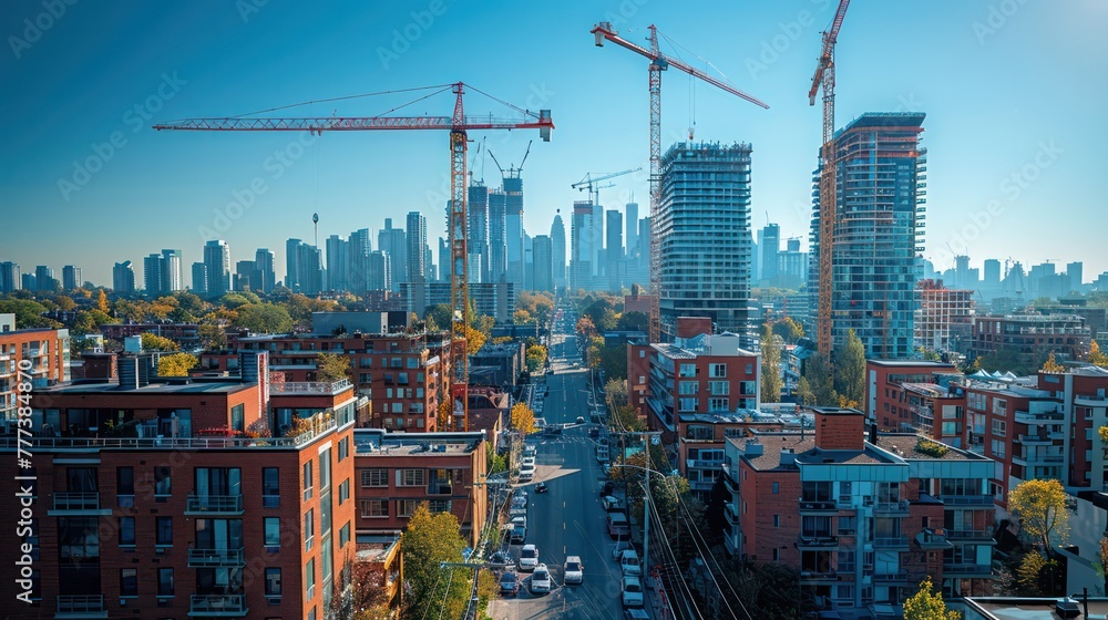 Fototapeta premium Towering cranes dominate the skyline, symbols of progress and development in urban centers.