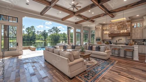 A large living room with a fireplace and a pool