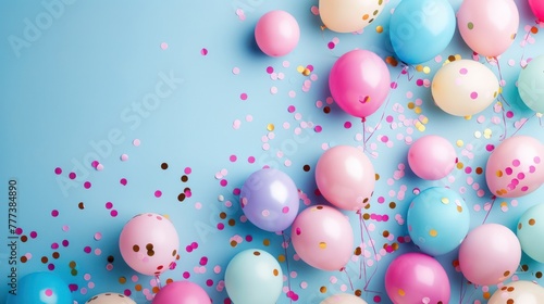 A blue background with a bunch of colorful balloons scattered around it