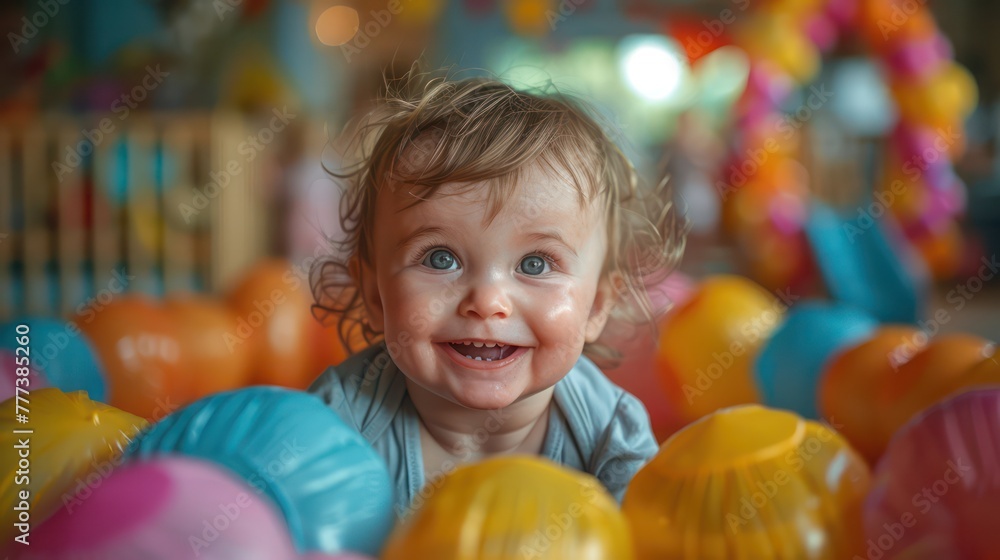 A baby is playing with a bunch of colorful balls A baby is playing with a bunch of colorful balls