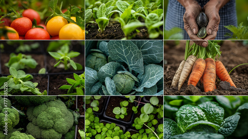 A collage of seasonal activities in a vegetable garden, including planting, watering, and harvesting, highlighting the joys and rewards of homegrown produce