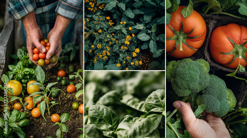 A collage of seasonal activities in a vegetable garden, including planting, watering, and harvesting, highlighting the joys and rewards of homegrown produce
