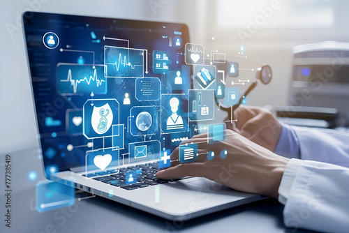 Wallpaper Mural Doctor's hands typing on laptop. Telemedicine consultation Torontodigital.ca