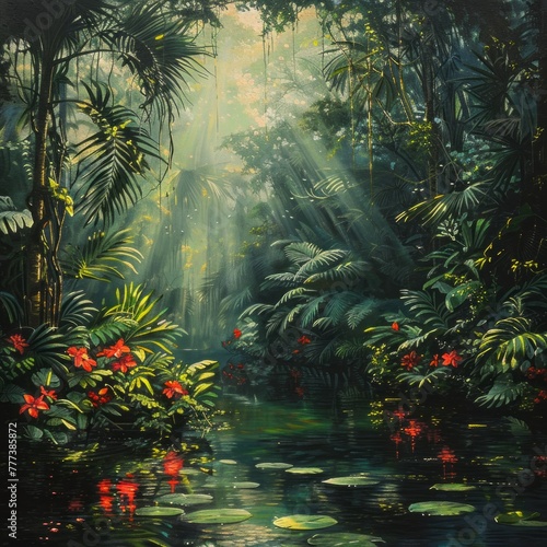 Lush Green Tropical Rainforest with Vibrant Leaves, Red Flowers, Sun Rays, and Serene Lake