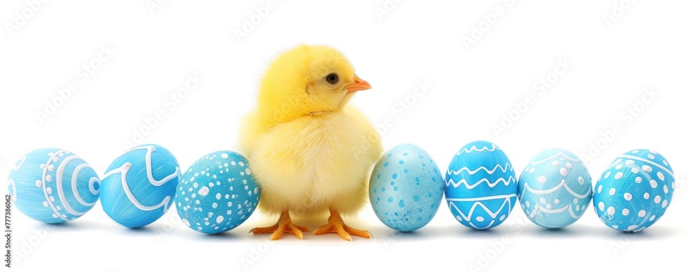 A cute yellow chick with blue patterned Easter eggs on a white background, an Easter-themed banner.