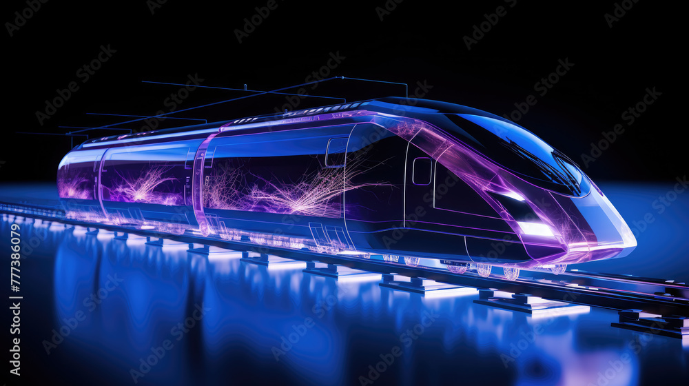 High-speed bullet train on track, isolated on dark black background ...