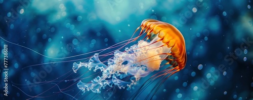A beautiful jellyfish gracefully glides through the deep blue ocean