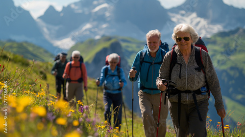 active aging, people in the elderly air go hiking in the mountains photo