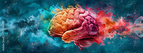 A vibrant brain in an explosion of colors, representing human creativity and the power of imagination