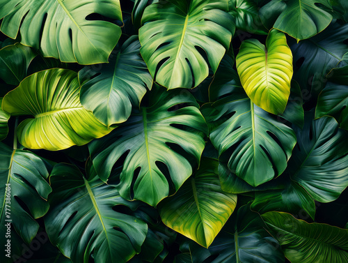 Tropical monstera leaves with yellow highlights. Botanical and biophilic design concept. Generative AI