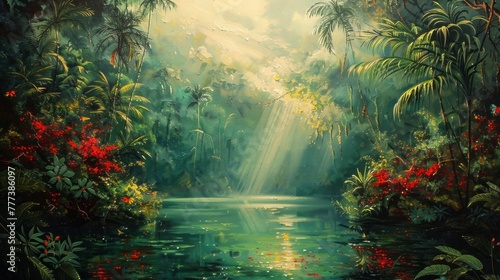 Lush Green Tropical Rainforest with Vibrant Leaves, Red Flowers, Sun Rays, and Serene Lake