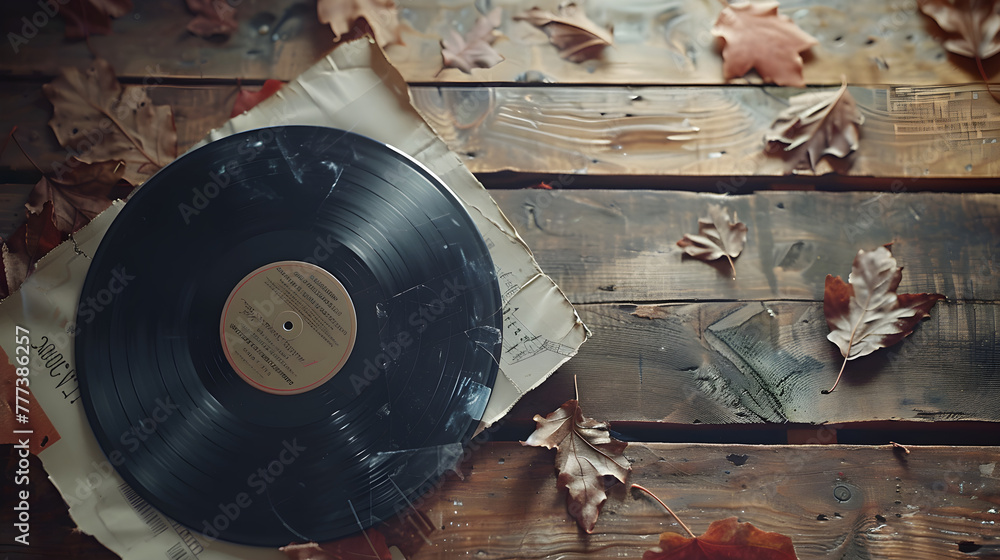 Vintage Vinyl Record in Sleeve Highlighting Release Date on A Woodland Autumn Setting