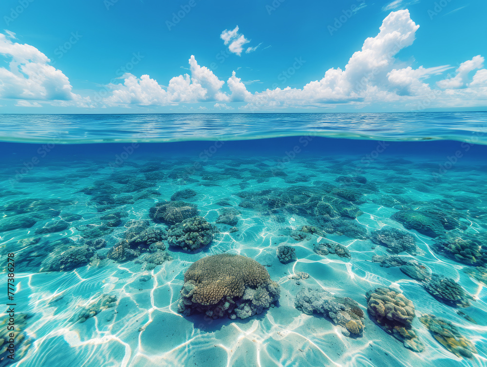 Crystal clear water showcasing a serene coral reef under a sunny sky. Marine preservation concept. Generative AI