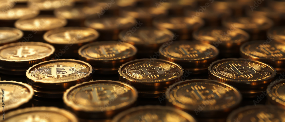 Lustrous Bitcoin coins stacked, symbolizing wealth in cryptocurrency investment Lustrous Bitcoin coins stacked, symbolizing wealth in cryptocurrency investment