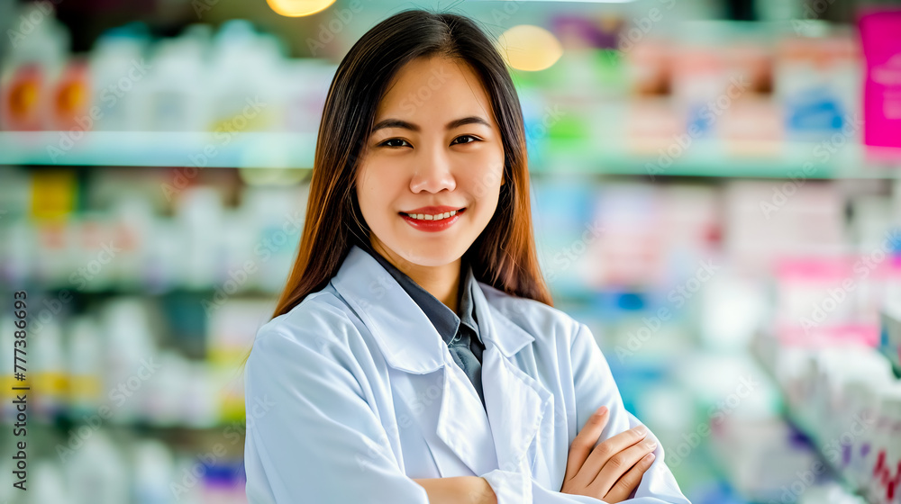 Portrait of beautiful professional Thai female pharmacist, crosses arms and looks at camera smiling.
