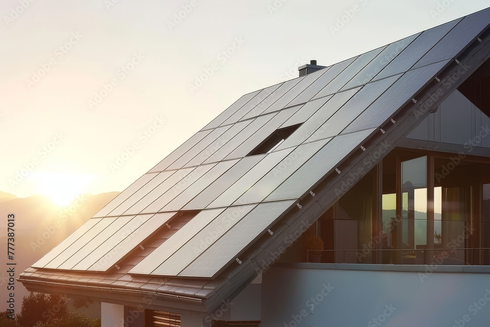 Eco-friendly modern home with solar panels on roof at sunset