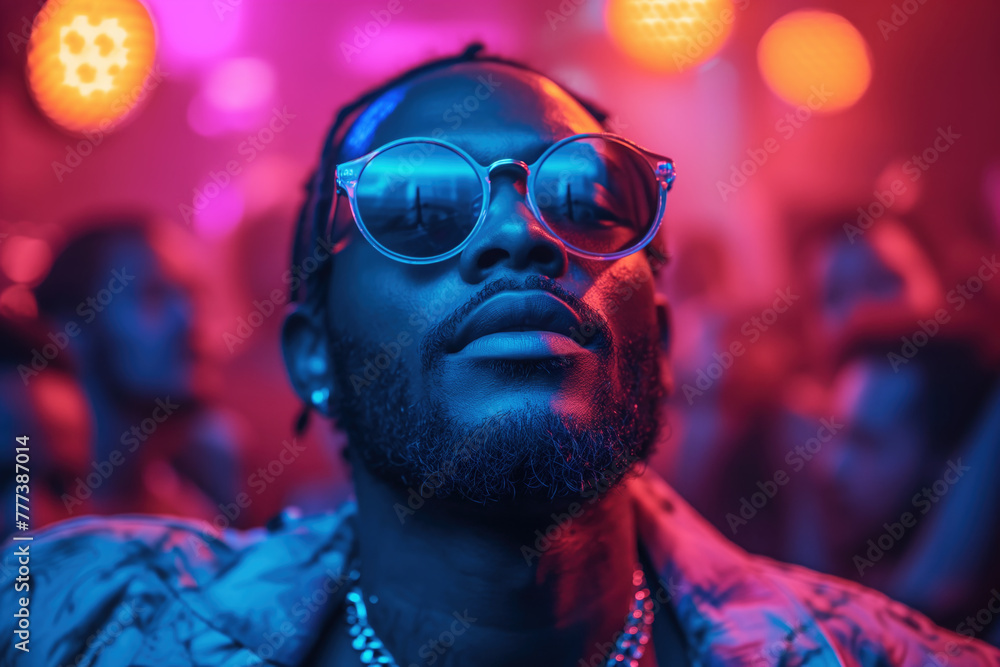 Handsome young African man dancing at a nightclub party, disco guy having fun at a music festival Handsome young African man dancing at a nightclub party, disco guy having fun at a music festival