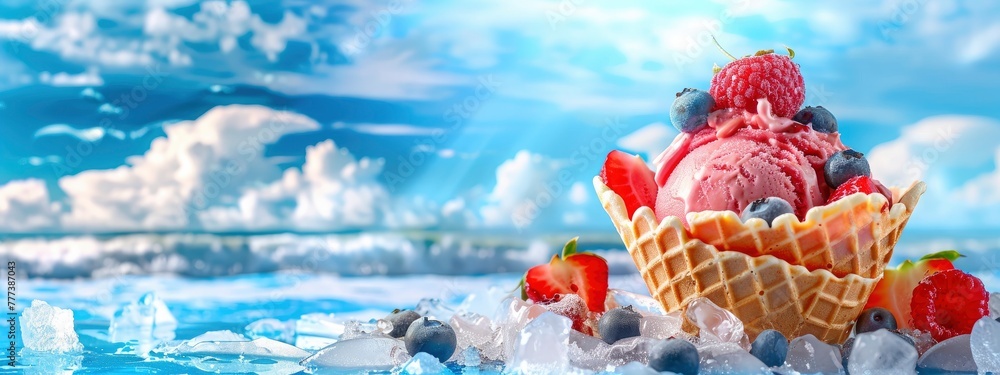 ice cream with strawberries and blueberries in a waffle, with a sea background, blue sky, clouds, ice cubes