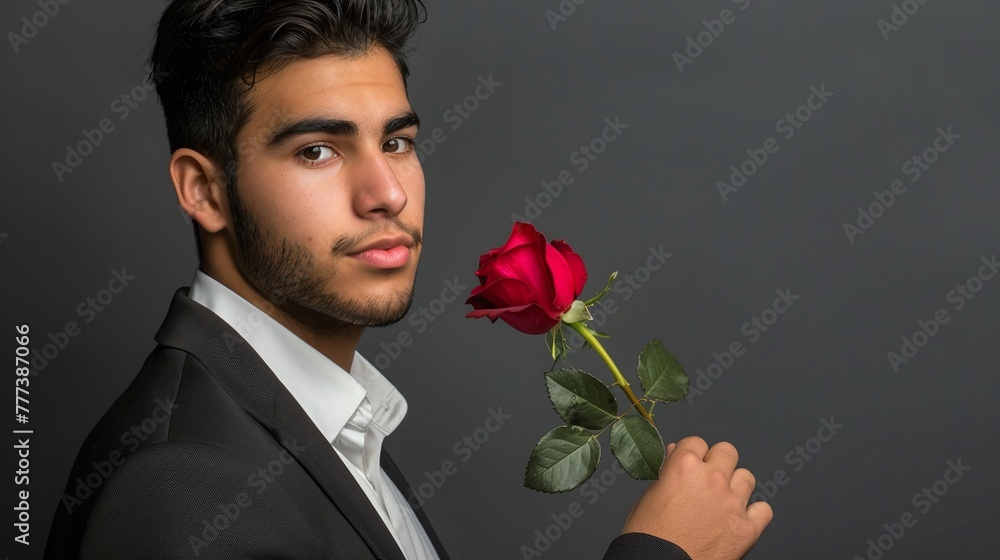 handsome latino man in decent suit holding a stem of red rose as a gift for his girlfriend on valentines day with copy space
handsome latino man in decent suit holding a stem of red rose as a gift for his girlfriend on valentines day with copy space