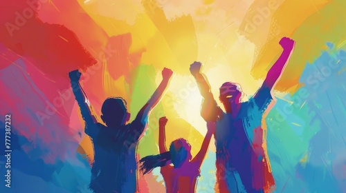 Silhouettes of people celebrating with vibrant abstract paint splash background.