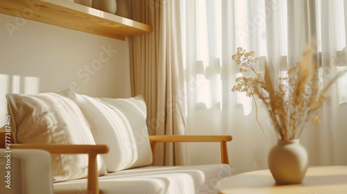 Modern living room interior with white linen curtains and a serene minimalist vibe