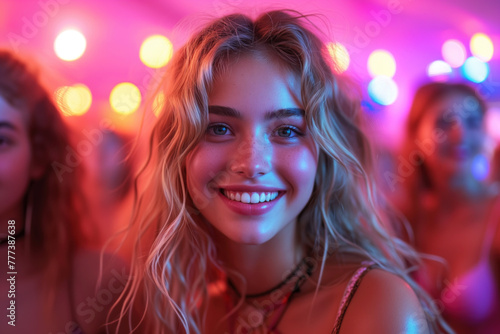 Happy young woman dancing at a nightclub party, disco girl having fun at a music festival