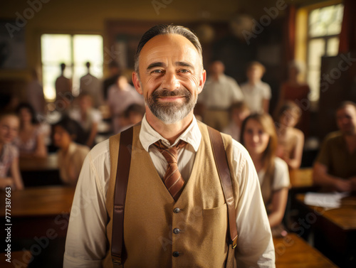 Vintage style image of a smiling teacher with a mustache, dressed in suspenders, standing in a classroom. Generative AI