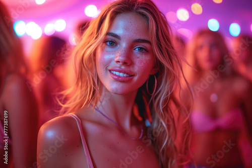 Happy young woman dancing at a nightclub party, disco girl having fun at a music festival