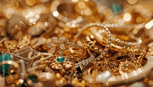A pile of gold jewelry including rings, necklaces and bracelets. A closeup shot showcasing the rich texture of each piece, with a focus on their intricate designs and shimmering colors