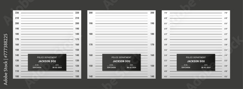 Police mugshot template. Vector background set of police lineup (centimeter scale and inch unit) or mugshot board with text signs for criminals photo. Criminal height wall. Identification frame photo