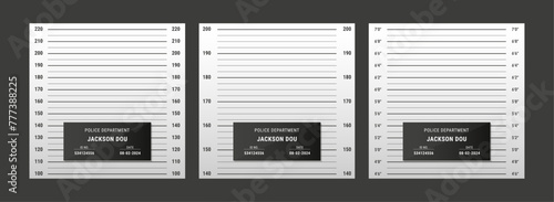 Police mugshot template. Vector background set of police lineup (centimeter scale and inch unit) or mugshot board with text signs for criminals photo. Criminal height wall. Identification frame