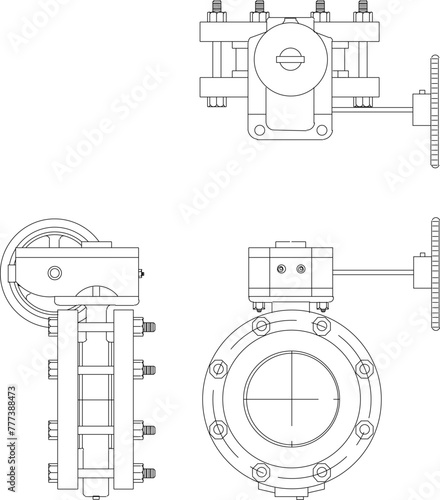 vector design sketch illustration, technical drawing of iron pipe fittings, joints and parallels