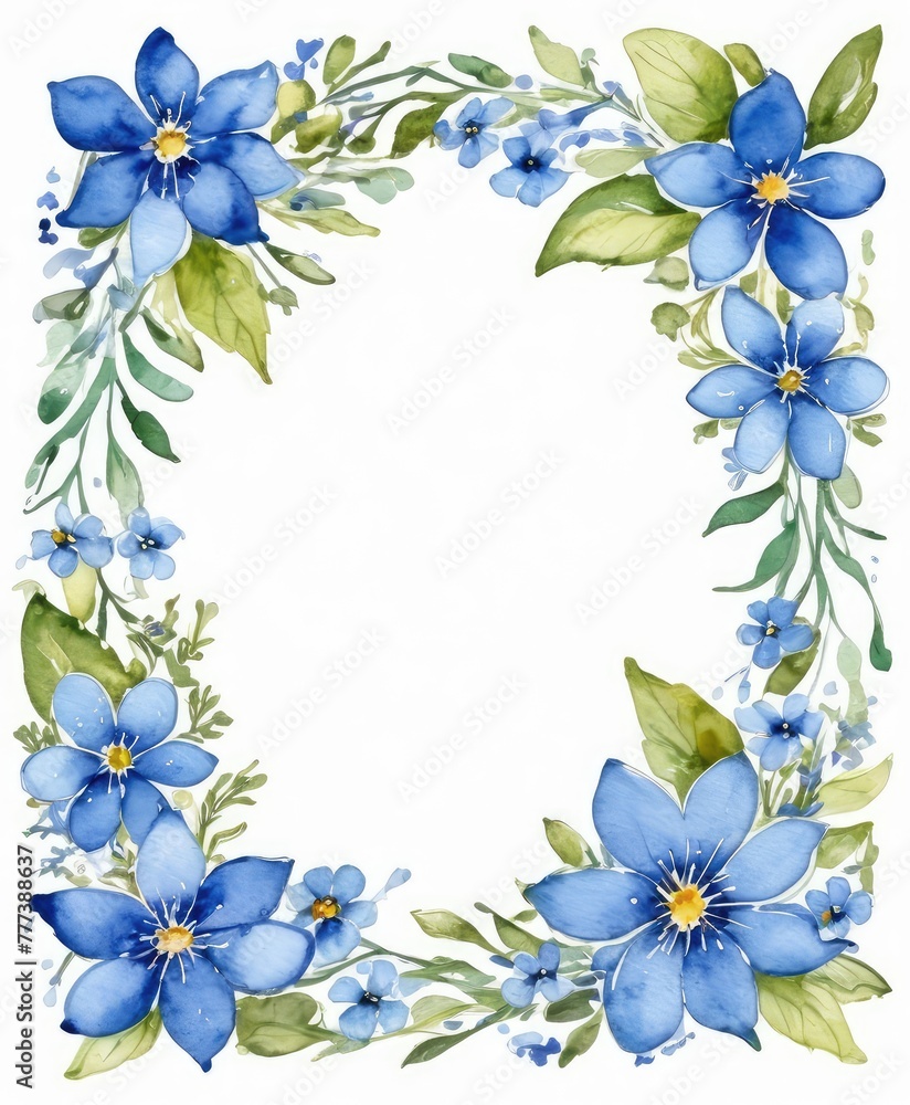 Obraz premium Dive into serenity with our watercolor blue floral frame mockup. Tranquil hues surround the empty space, ready for your text or photo