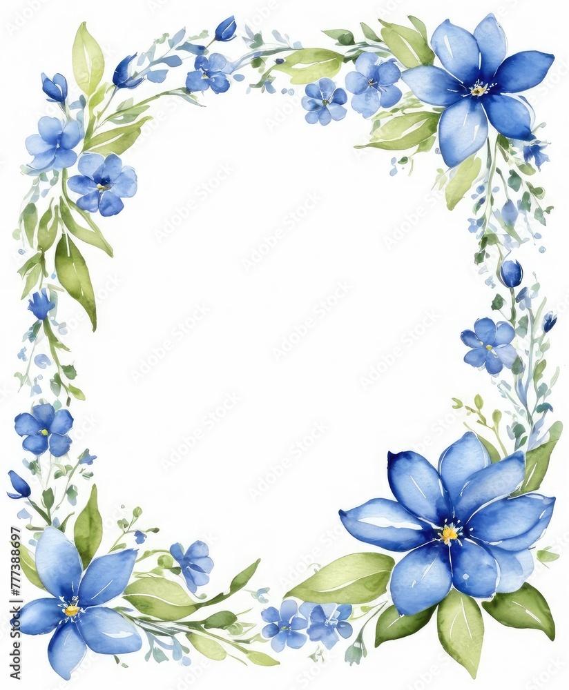 Fototapeta premium Dive into serenity with our watercolor blue floral frame mockup. Tranquil hues surround the empty space, ready for your text or photo
