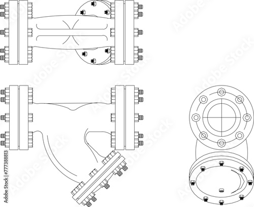 vector design sketch illustration, technical drawing of iron pipe fittings, joints and parallels