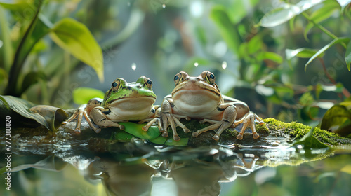 cute frogs in a pond with water lilies