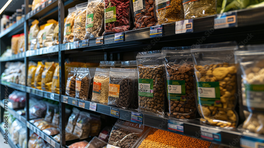 
An image of a diverse array of pet food products neatly arranged on shelves in a pet store, showcasing different brands, flavors, and types of food for various animals