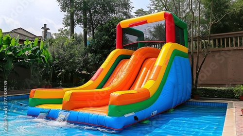 children playing on inflatable bounce house water slide with colorful bouncy castle slide in the backyard and outdoor playground photo
