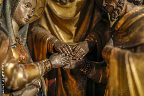 Notre Dame du Sablon catholic church, Brussels, Belgium. Detail of a relief depicting the wedding of Mary and Joseph