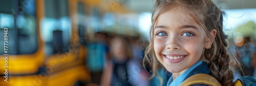 School-bound youngster with bus: smiling girl ready to board school bus photo