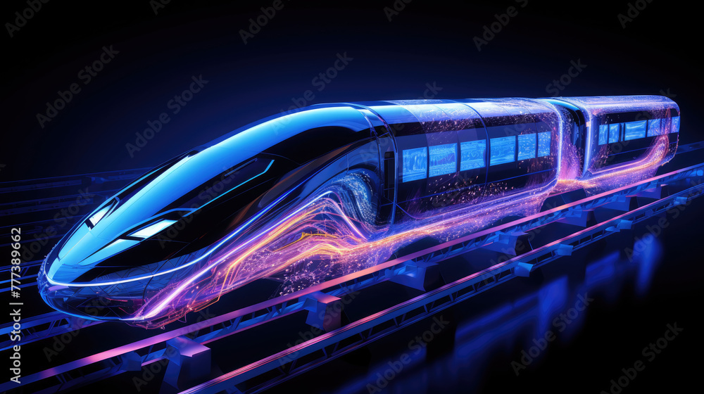 High-speed bullet train on track, isolated on dark black background ...
