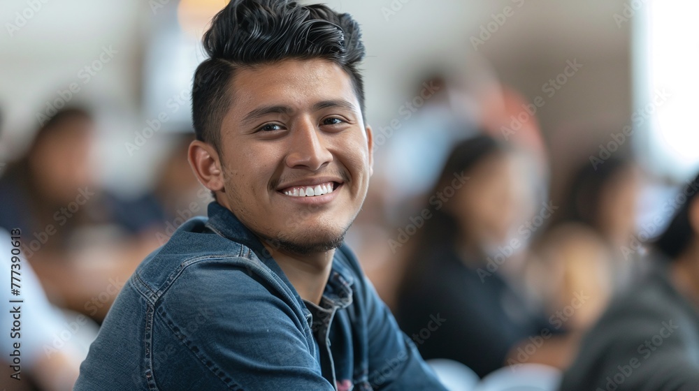 happy latino student sitting in classroom and smiling while engaging in academic activity with educational focus in university
happy latino student sitting in classroom and smiling while engaging in academic activity with educational focus in university