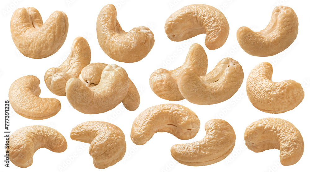 Cashew nuts set isolated on white background. Single and small groups. Package deisgn elements