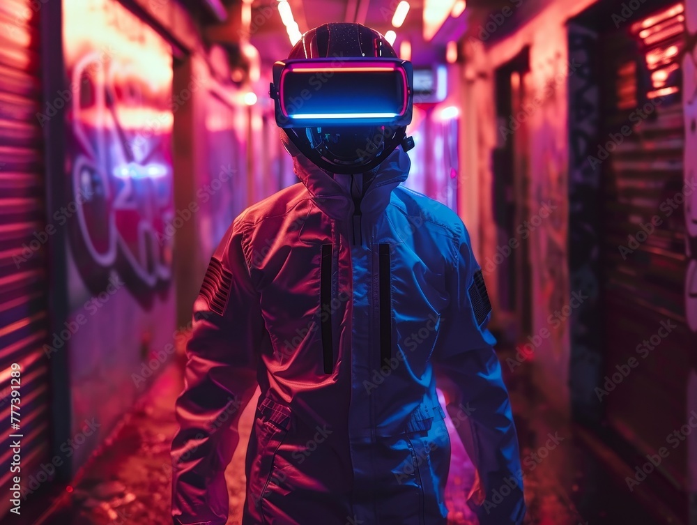 Cyberpunk Courier with Augmented Reality Glasses in Neon-Lit Urban Alley at Night