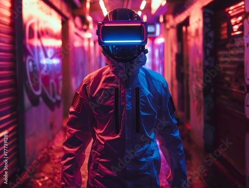 Cyberpunk Courier with Augmented Reality Glasses in Neon-Lit Urban Alley at Night