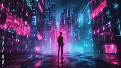Lone Figure Contemplating a Neon Cyber Cityscape Reflecting a Futuristic Metropolis