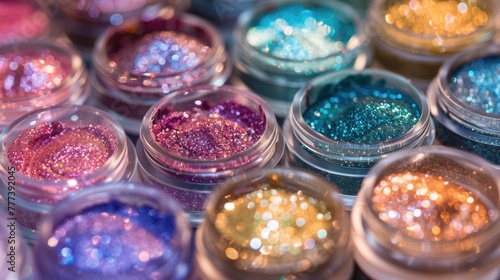 Assorted glitter in various colors in clear containers.