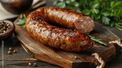 Grilled sausage skewers with herbs and spices on dark textured background.