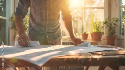 Person in plaid shirt reviewing architectural plans on a table, with sunlight filtering through plants in a warm, cozy setting.
